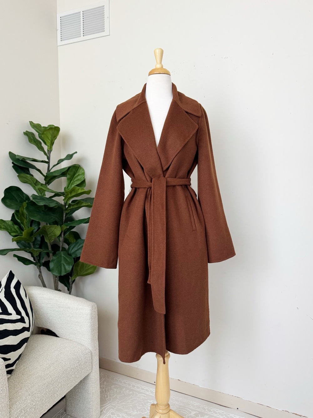 Zara Chestnut Brown Long Sleeve Belted Wrap Dress Coat